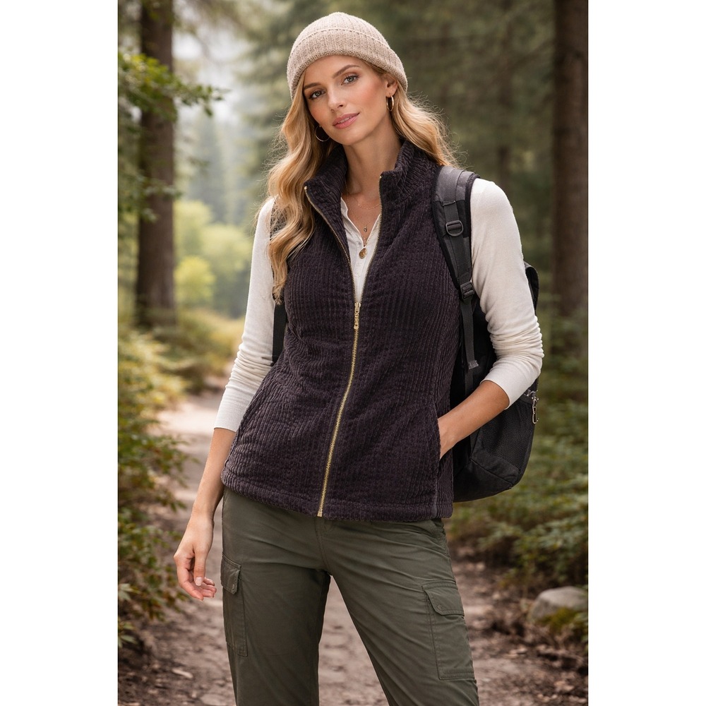 Woolrich Womens Black Wide Wale Corduroy Full Zip Vest‎ Mock Neck Large Petite
